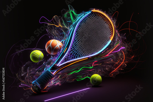Sport equipment in neon lights in motion. Generative Ai.  © belyaaa