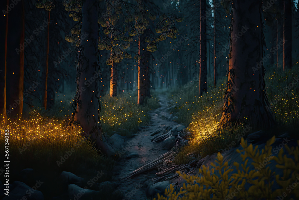 Autumn pine forest with fireflies, realistic lightning