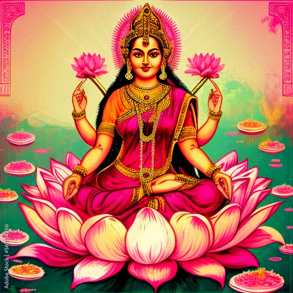Hindu Goddess Lakshmi sitting on lotus flower, generative AI Hindu Goddess Lakshmi sitting on lotus flower, generative AI