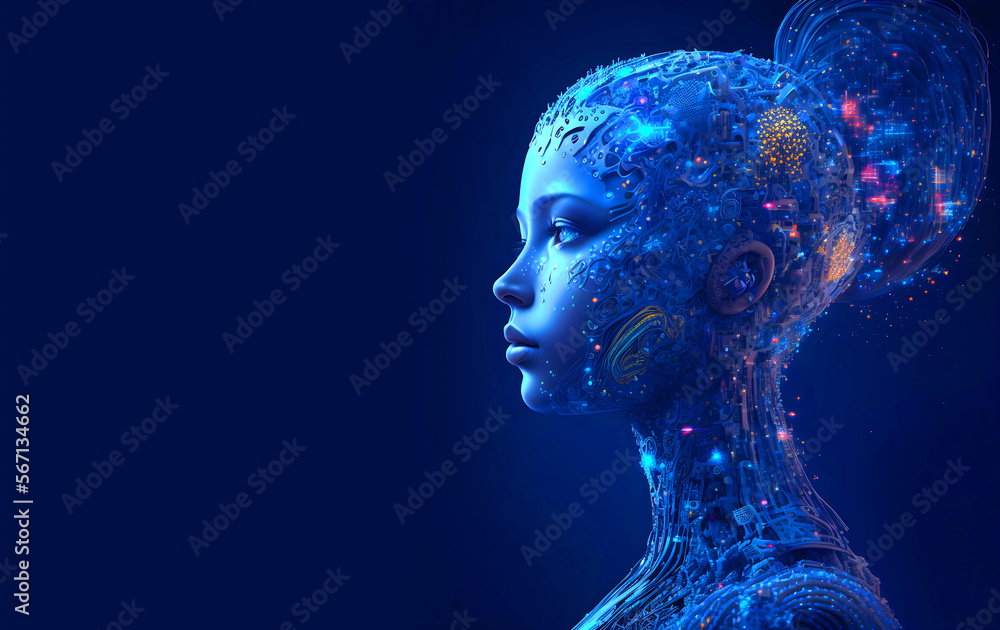 Artificial intelligence, a humanoid cyber girl with a neural network thinks. Artificial intelligence with a digital brain is learning to process big data Artificial intelligence, a humanoid cyber girl with a neural network thinks. Artificial intelligence with a digital brain is learning to process big data