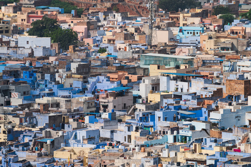 Aerial view of blue city,Jodhpur,Rajasthan,India. Resident Brahmins worship Lord Shiva and painted their houses in blue as blue is his favourite colour. Hence the city is named blue city.Tourist spot. © mitrarudra