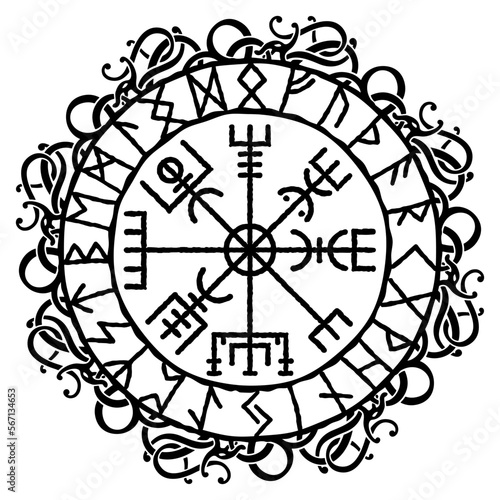 Vegvisir, magical ancient Icelandic viking navigational compass with Scandinavian patterns and runes, vector illustration. Celtic knot tattoo, t-shirt print