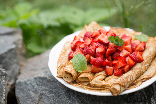 ruddy pancakes with fresh strawberries in the garden