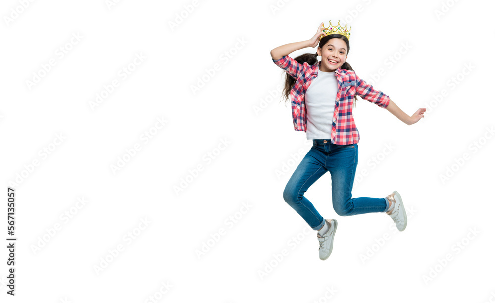 photo of girl in crown, copy space. childhood of girl in crown jump isolated on white.