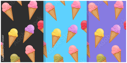 Set of patterns with ice cream in cartoon style. Package design. Vector stock illustration. Cover for textiles and packaging.