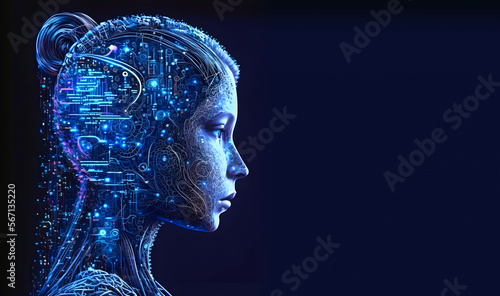 Artificial intelligence, a humanoid cyber girl with a neural network thinks. Artificial intelligence with a digital brain is learning to process big data