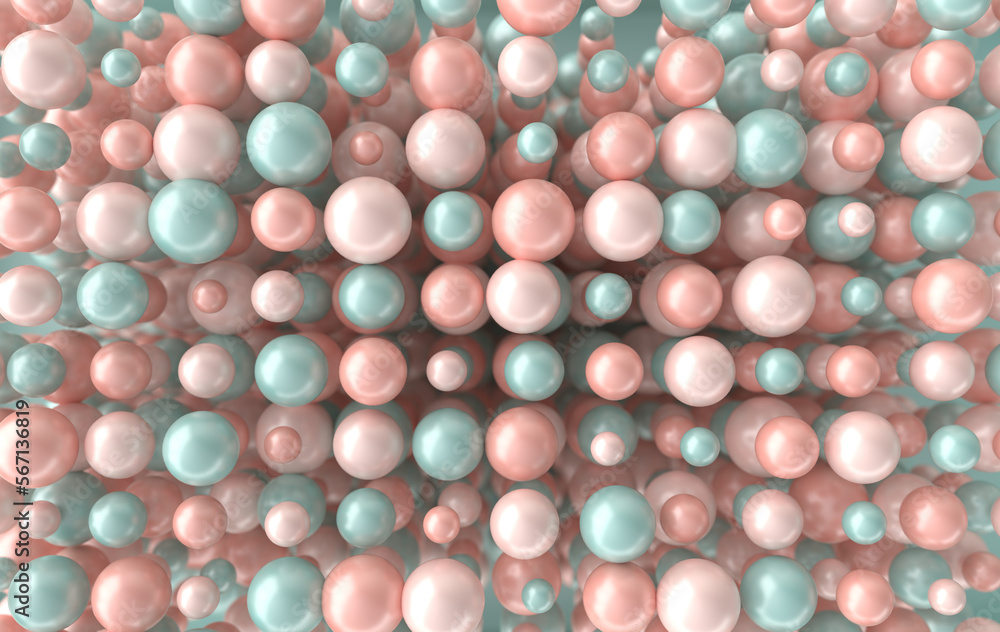 Abstract 3d rendering geometric background with pink, green pearl spheres, beads Abstract 3d rendering geometric background with pink, green pearl spheres, beads