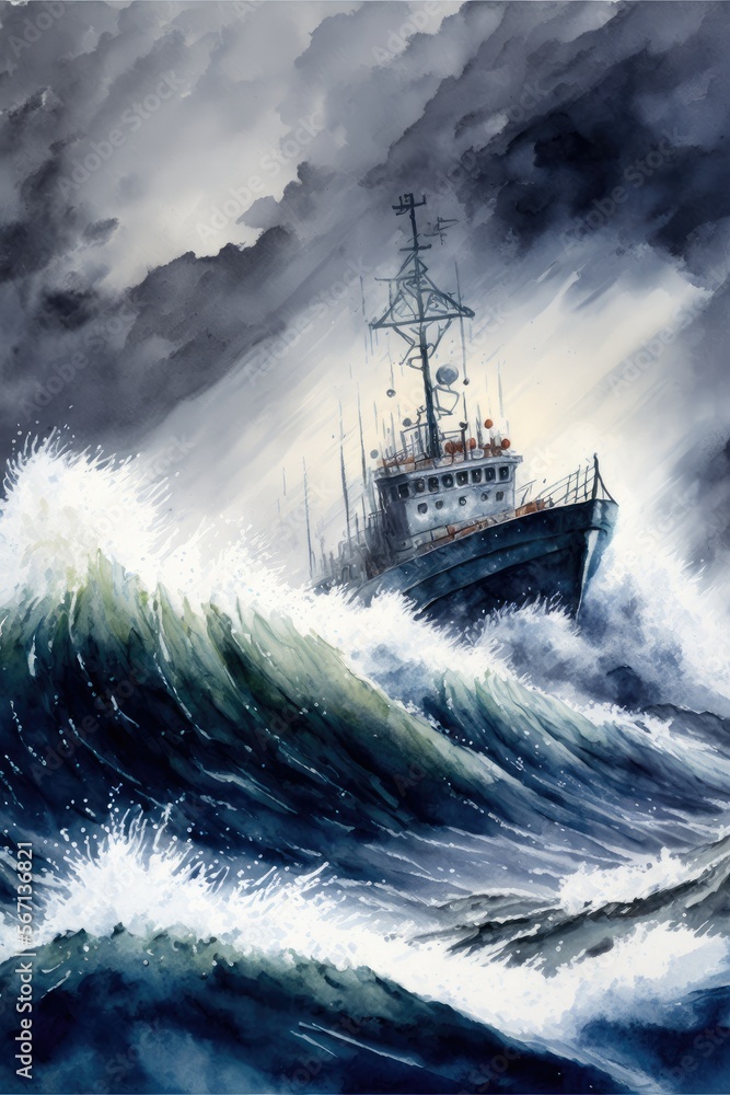 A seascape with a ship in rough seas and a stormy sky