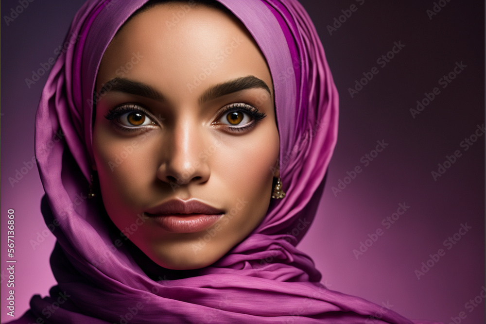 Fictional Person, Portrait of young arab muslim woman wearing purple hijab against pink background, generated by IA Fictional Person, Portrait of young arab muslim woman wearing purple hijab against pink background, generated by IA