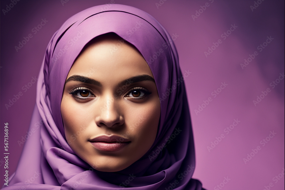Fictional Person, Portrait of young arab muslim woman wearing purple hijab against pink background, generated by IA Fictional Person, Portrait of young arab muslim woman wearing purple hijab against pink background, generated by IA