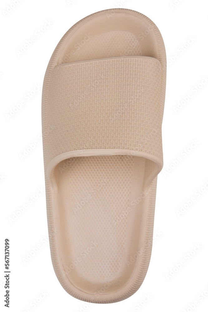 One beige slippers for the beach, on a white background, isolate, flat lay One beige slippers for the beach, on a white background, isolate, flat lay