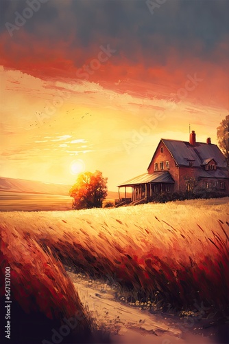 A sunset with a red farmhouse and a golden field of wheat in the foreground and a rolling hill in the background