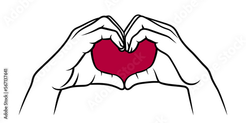 Illustration of Hands making Sign of Heart. Red heart. Vector Illustration. Ink Style Lines and Fill.