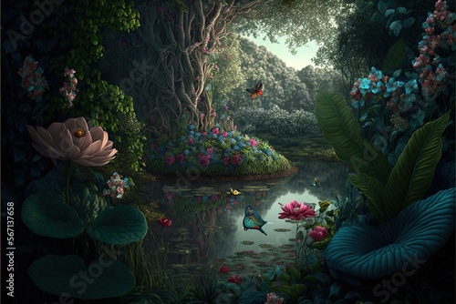 fantasy painting wallpaper of a forest landscape with a lake, plants, trees, roses, birds, peacocks, butterflies, and insects generative AI digital illustration.