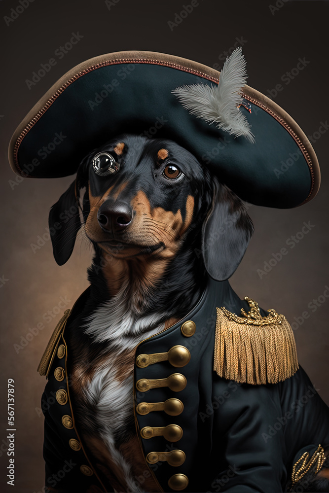 Portrait of Black and Brown Dachshund dressed as Napoleon Bonaparte. Generative AI, this image is not based on any original image, character or person.