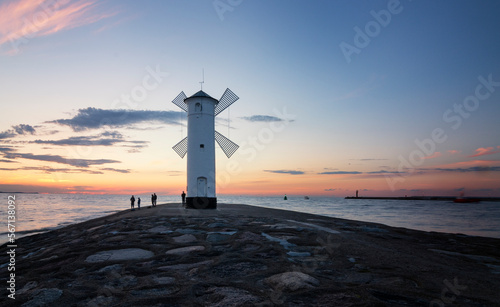 Sunset at the lighthouse in Swinoujscie, Poland.