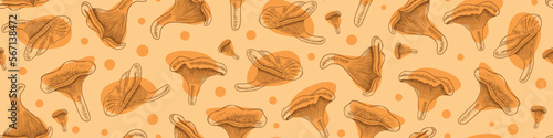 Seamless pattern with hand drawn chanterelles. Mushroom horizontal border. Vector illustration.