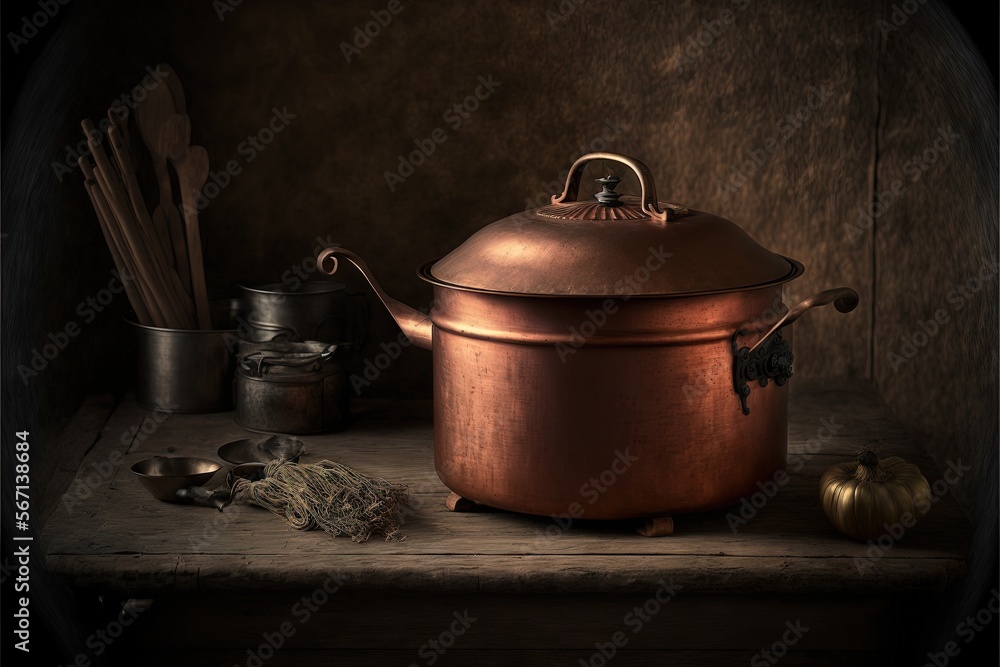 a large copper pot sitting on top of a wooden table next to other kitchen utensils and other kitchenware on a wooden table.  generative ai