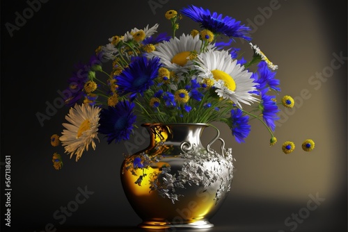  a vase filled with blue and white flowers on top of a table next to a black wall and a yellow vase with yellow and white flowers. generative ai