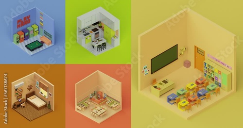 Different 3d rendered voxel room; kitchen, bedroom, classroom, restaurant, gameroom, bathroom. 3d animation rooms. photo