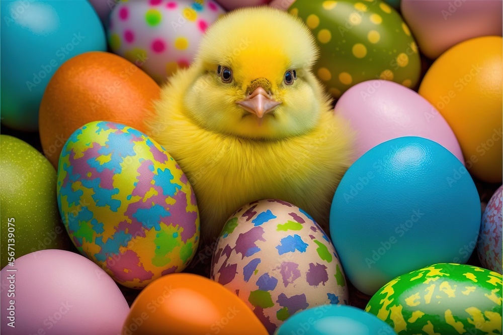 a yellow chicken sitting in a pile of colorful eggs with polka dot designs on it's sides and a yellow chick in the middle of the eggs.  generative ai
