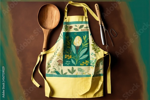  a yellow apron with a wooden spoon and a spoon rest on a brown table with a green background and a brown wooden spoon with a wooden spoon.  generative ai photo