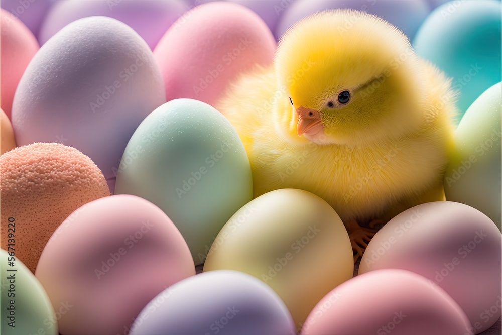 a small yellow chick sitting in a pile of eggs with pastel eggs in the background and a pink egg in the middle of the photo.  generative ai