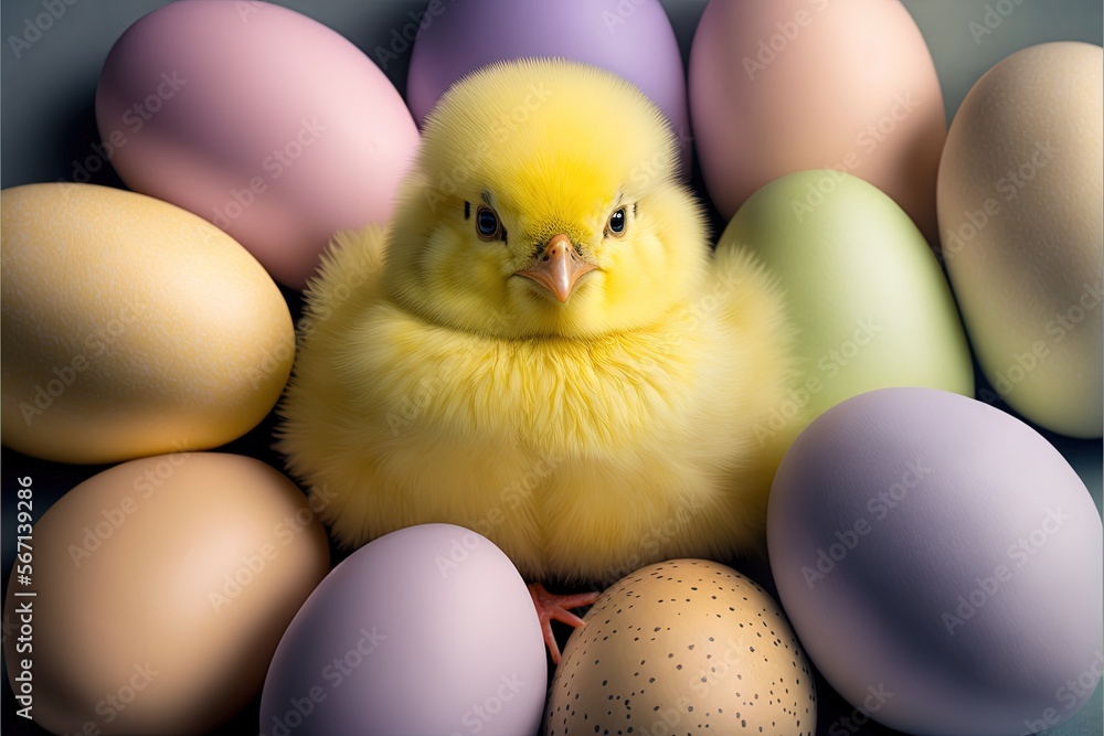  a small yellow chicken surrounded by eggs on a table with a blue background and a black border around it, with a yellow chick in the middle of the photo.  generative ai