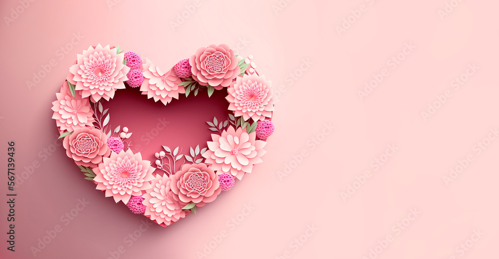 Pink floral heart, valentines or anniversary background with copy space. AI