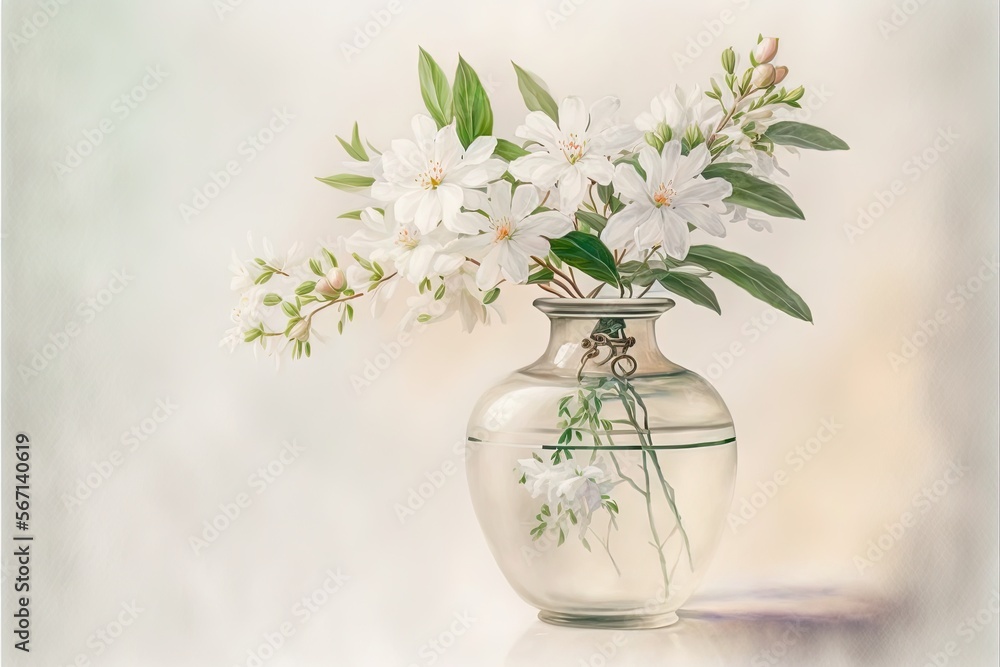 Fototapeta premium a painting of white flowers in a glass vase on a white tablecloth with a neutral background and a light colored background with a white background. generative ai