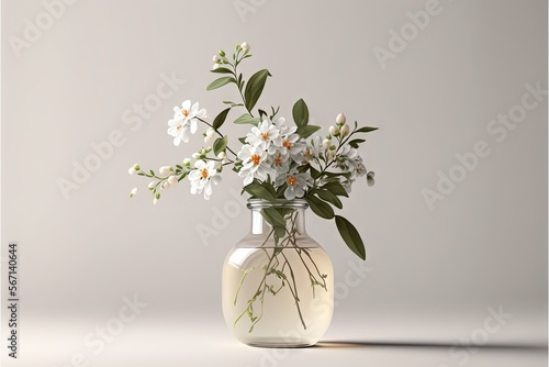  a glass vase with flowers in it on a white tableclothed surface with a shadow of a wall in the background and a gray wall in the background.  generative ai
