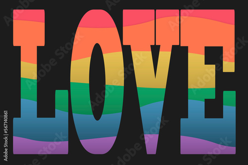 LOVE - LGBT Happy Pride Month Banner with Rainbow Text Typography. LGBTQ Flag Support. Modern logo, retro style background. 