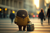 Knitted plush buddy in business style walks around New York with his bag. Based on Generative AI