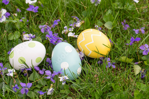 Painted and dyed Easter egss rest in a lawn and wild violets