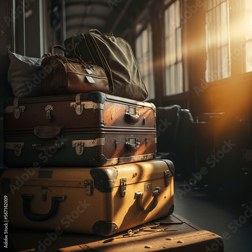 Vintage suitcases and luggage piled up in an old train station - Created with generative AI technology
