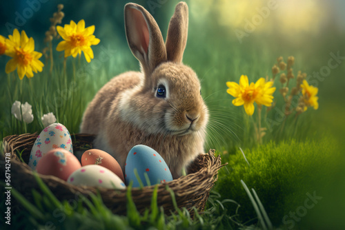 Easter bunny and colorful eggs in a basket on background of spring grass and flowers. generative ai