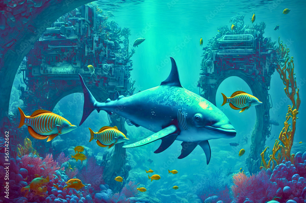 Fototapeta premium Dolphin and fish in a reef undersea environment, beautiful colors, Created with generative Ai Technology
