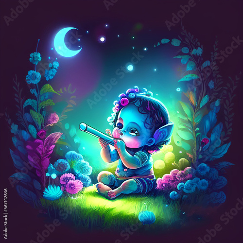 cute little baby God Krishna plays the flute on night on colorful meadow with colorful lights, cartoon character style, generative AI