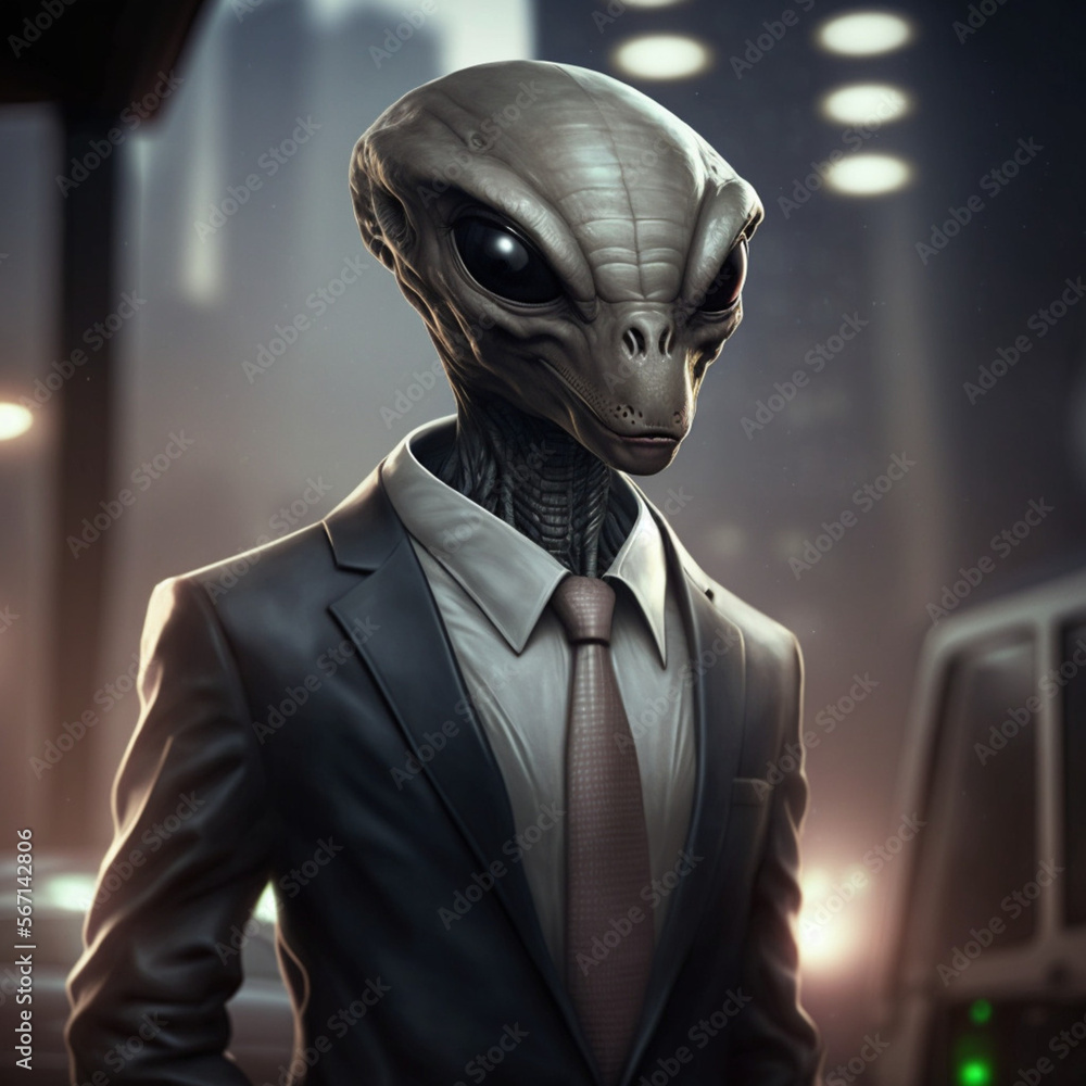 Alien in an elegant suit. Generative AI.
Alien in an elegant suit. Generative AI.