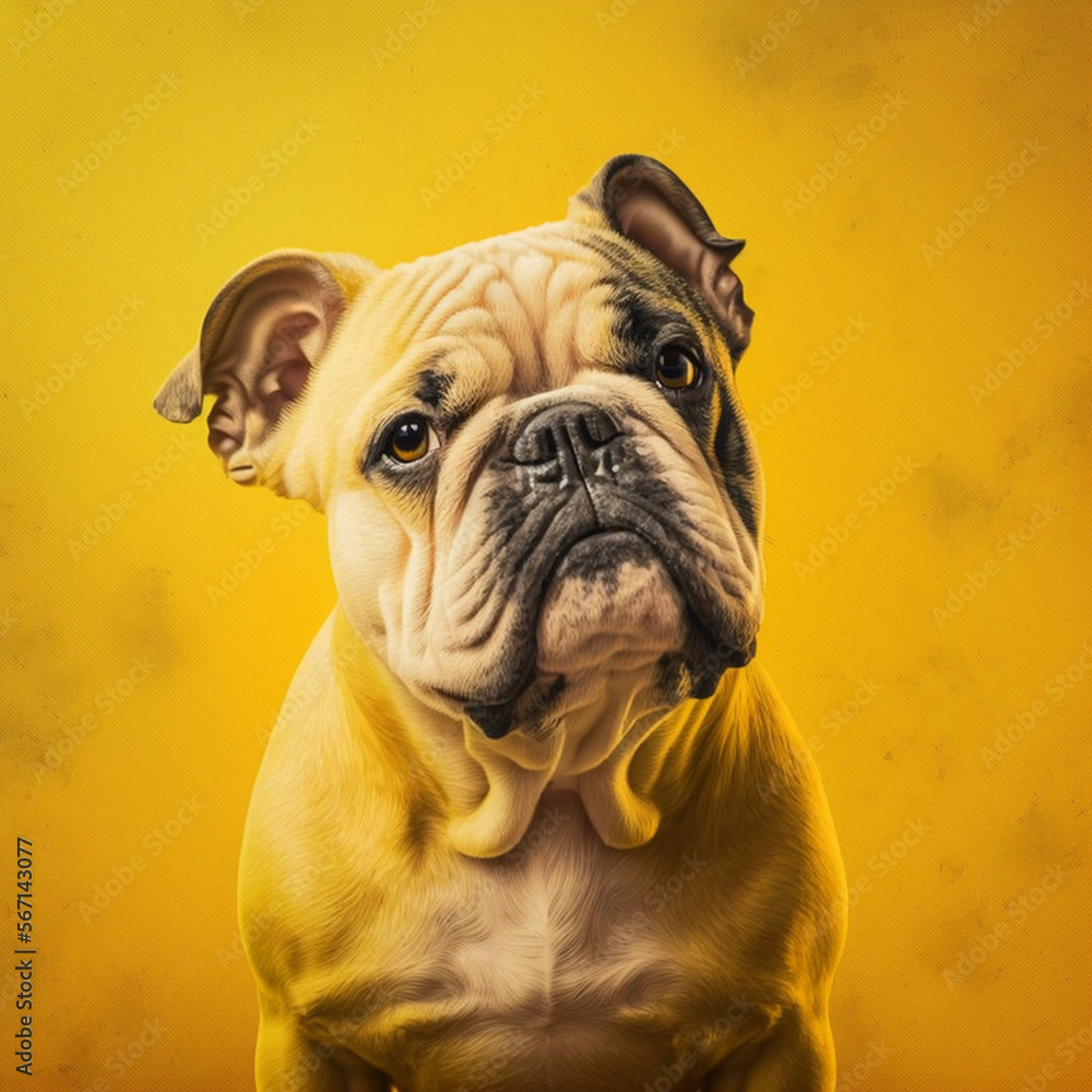 Bulldog on a yellow background. Generative AI.	

