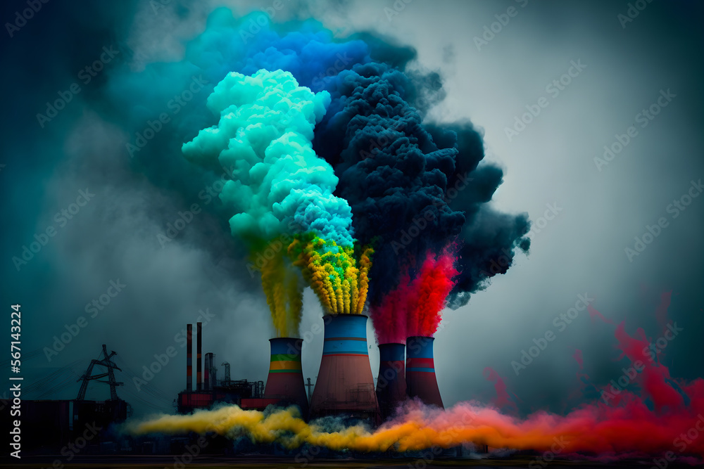 Multicolored smoke colorful emissions from cooling towers into the