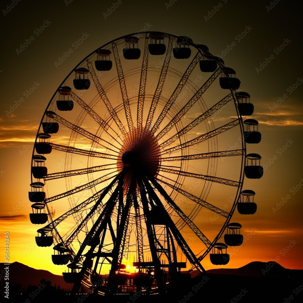Ferris wheel during sunset. Generative AI.	
