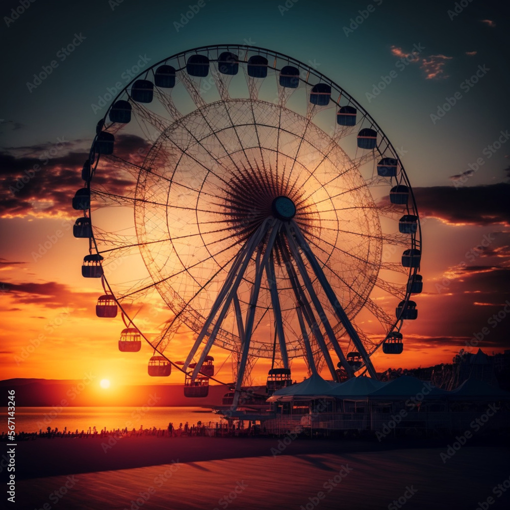 Ferris wheel during sunset. Generative AI.
Ferris wheel during sunset. Generative AI.