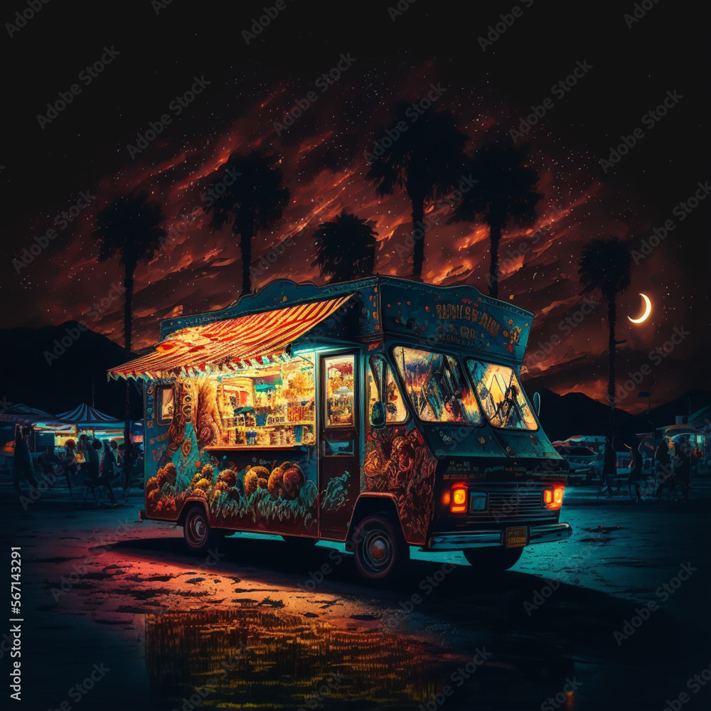 Obraz premium Food truck at a fair during night. Generative AI. 