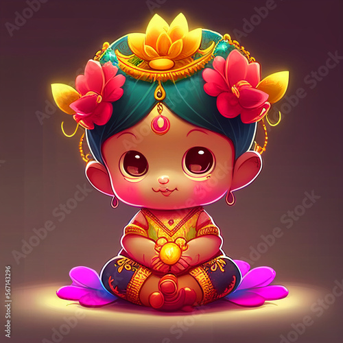baby Hindu Goddess Lakshmi sitting on lotus flower, generative AI photo
