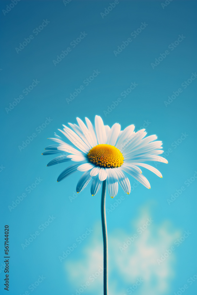Beautiful white daisy blooming against the sky in spring, generative ai Beautiful white daisy blooming against the sky in spring, generative ai