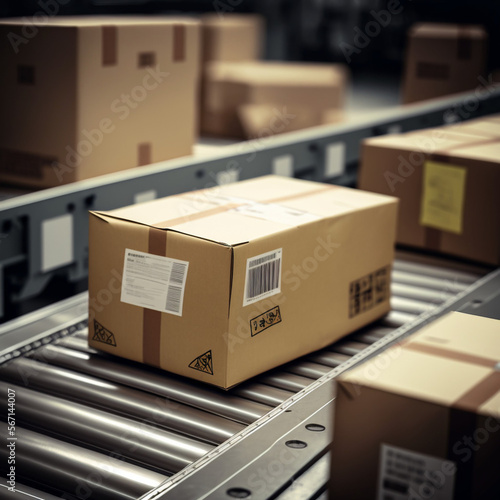 Packages on a conveyor belt in a logistics center. Generative AI.   © DALU11