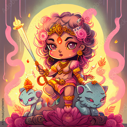 cute baby goddess Durga with lion, cartoon character style, generative AI