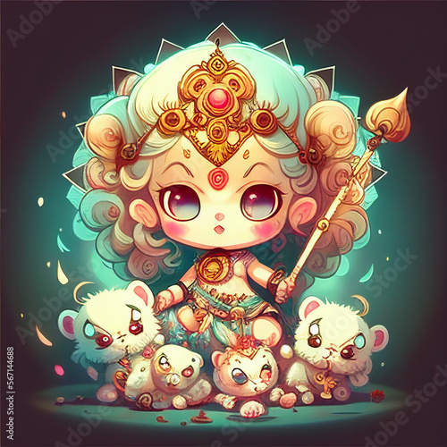 cute baby goddess Durga with lion, cartoon character style, generative AI photo