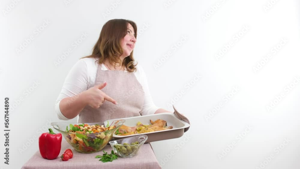 adult plump sexy woman cook shows thumb up holding baking sheet with chicken next to salad she sniffs with pleasure rolls eyes opening mouth laughing at apron she is on white background she dances adult plump sexy woman cook shows thumb up holding baking sheet with chicken next to salad she sniffs with pleasure rolls eyes opening mouth laughing at apron she is on white background she dances
